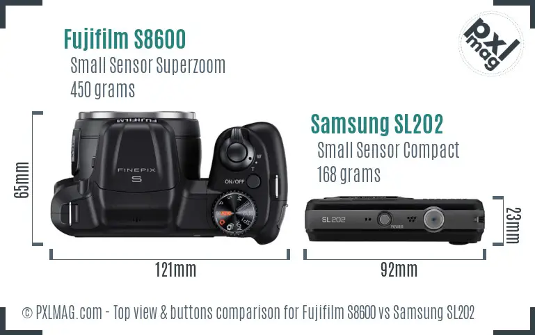 Fujifilm S8600 vs Samsung SL202 top view buttons comparison