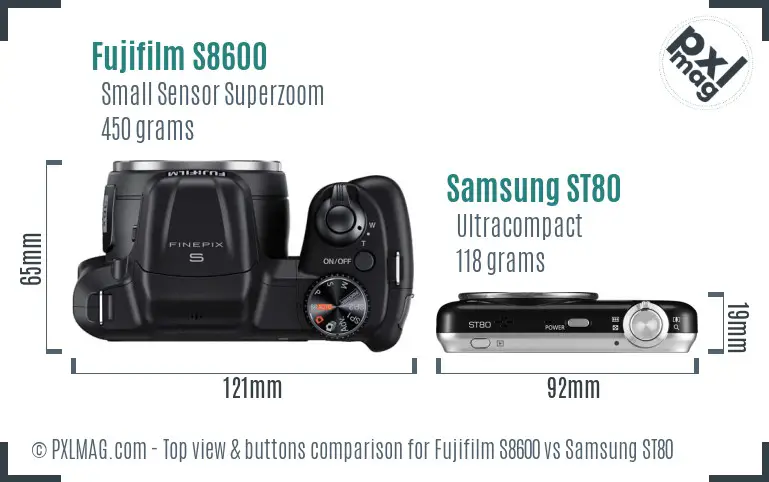 Fujifilm S8600 vs Samsung ST80 top view buttons comparison Fujifilm S8600 vs Samsung ST80 top view buttons comparison