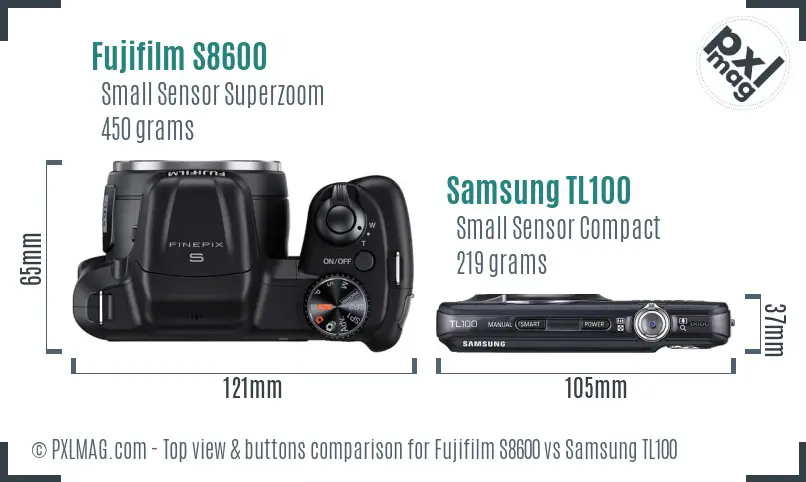 Fujifilm S8600 vs Samsung TL100 top view buttons comparison Fujifilm S8600 vs Samsung TL100 top view buttons comparison