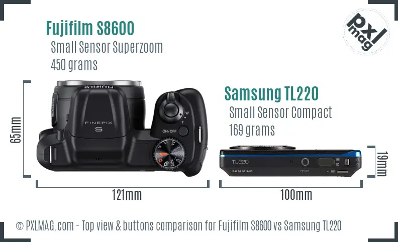Fujifilm S8600 vs Samsung TL220 top view buttons comparison Fujifilm S8600 vs Samsung TL220 top view buttons comparison