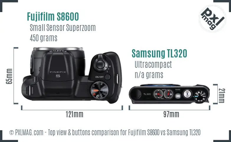 Fujifilm S8600 vs Samsung TL320 top view buttons comparison Fujifilm S8600 vs Samsung TL320 top view buttons comparison