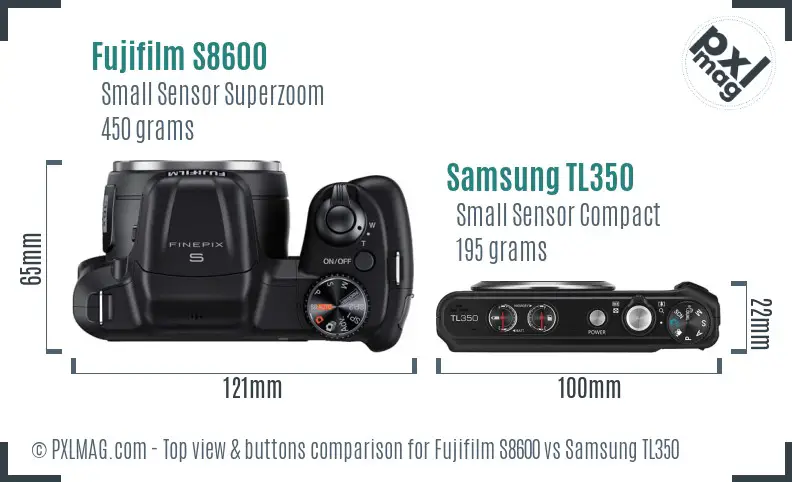 Fujifilm S8600 vs Samsung TL350 top view buttons comparison Fujifilm S8600 vs Samsung TL350 top view buttons comparison