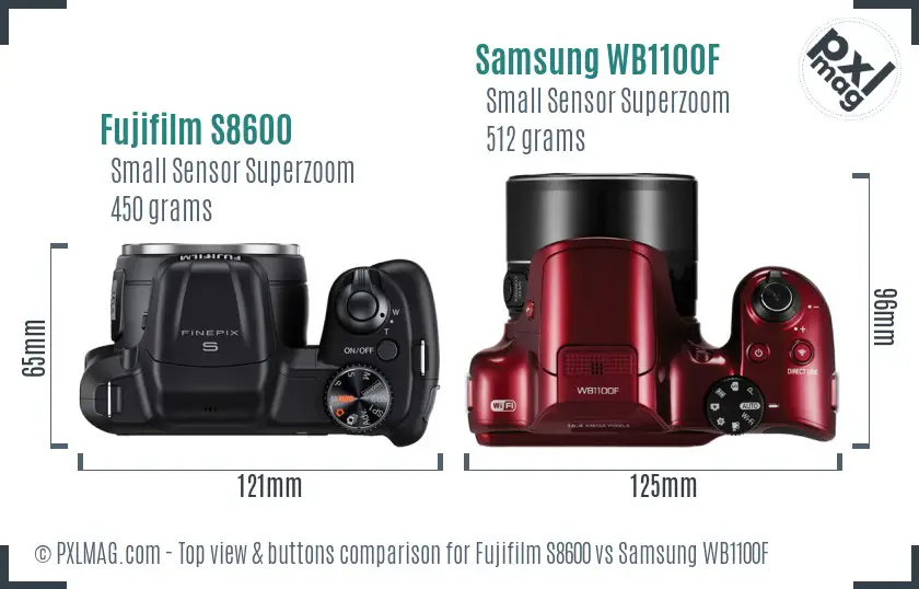 Fujifilm S8600 vs Samsung WB1100F top view buttons comparison