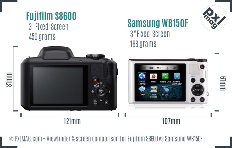 Fujifilm S8600 vs Samsung WB150F Screen and Viewfinder comparison