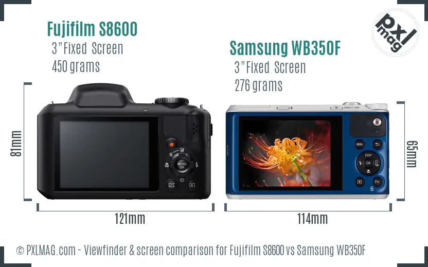 Fujifilm S8600 vs Samsung WB350F Screen and Viewfinder comparison