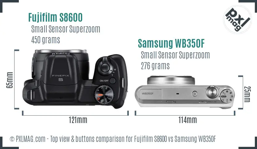 Fujifilm S8600 vs Samsung WB350F top view buttons comparison
