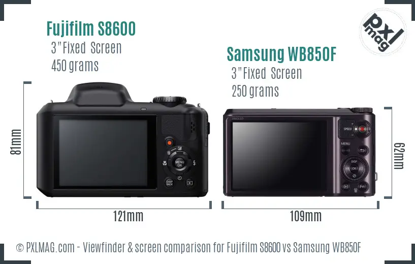 Fujifilm S8600 vs Samsung WB850F Screen and Viewfinder comparison