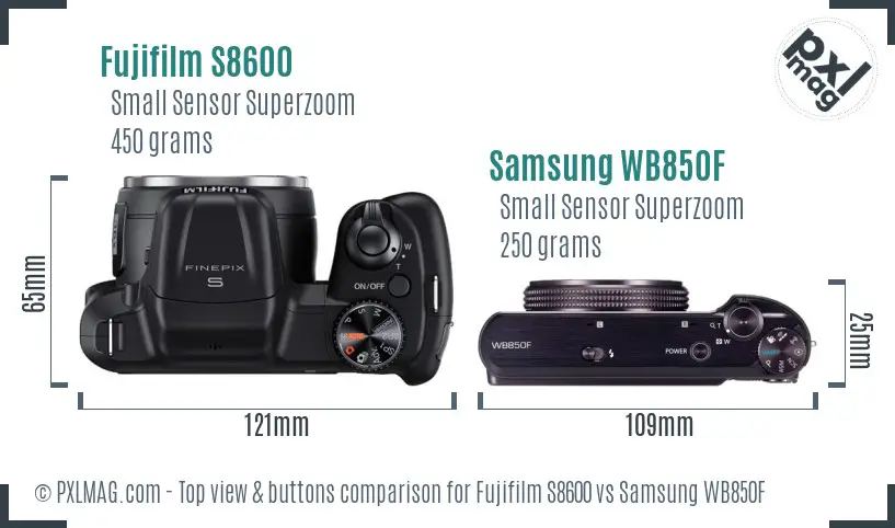 Fujifilm S8600 vs Samsung WB850F top view buttons comparison
