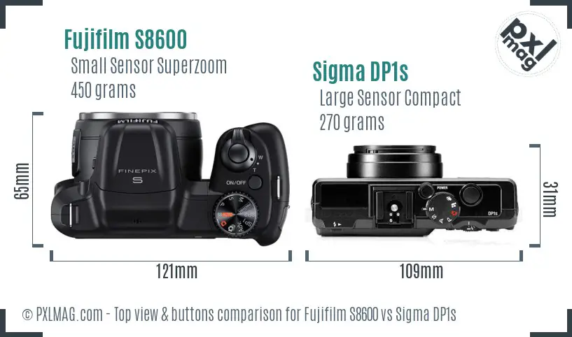 Fujifilm S8600 vs Sigma DP1s top view buttons comparison Fujifilm S8600 vs Sigma DP1s top view buttons comparison