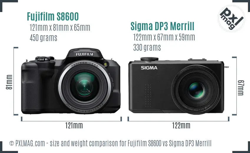 Fujifilm S8600 vs Sigma DP3 Merrill size comparison