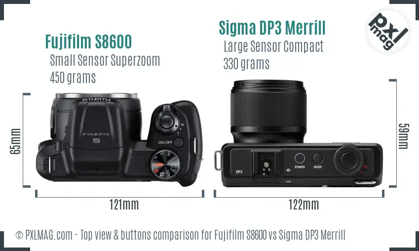 Fujifilm S8600 vs Sigma DP3 Merrill top view buttons comparison