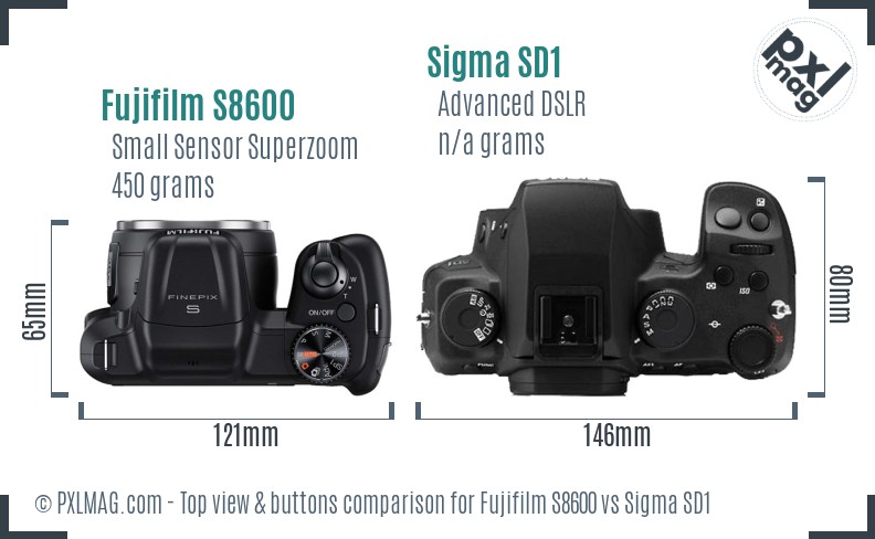 Fujifilm S8600 vs Sigma SD1 top view buttons comparison