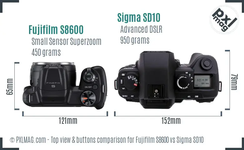 Fujifilm S8600 vs Sigma SD10 top view buttons comparison