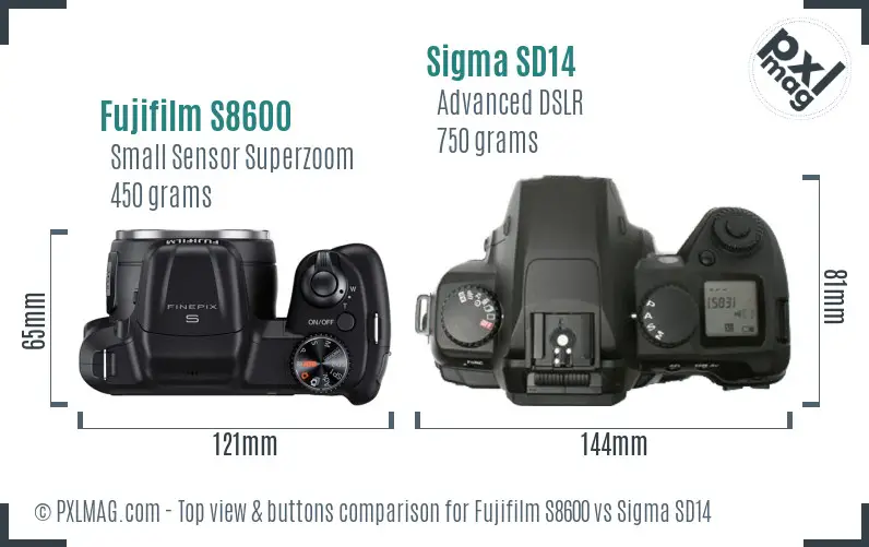 Fujifilm S8600 vs Sigma SD14 top view buttons comparison