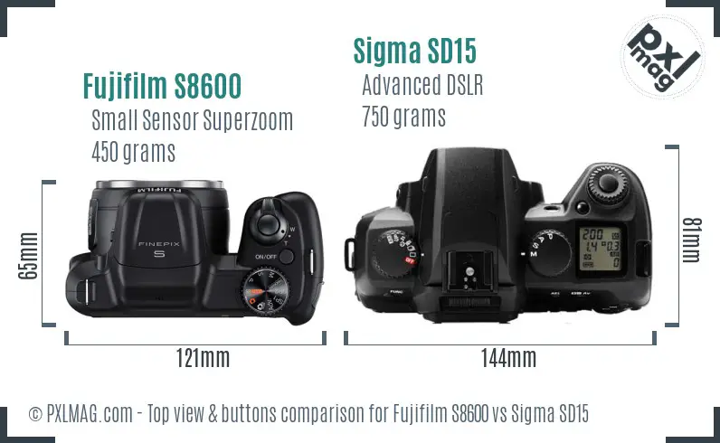 Fujifilm S8600 vs Sigma SD15 top view buttons comparison Fujifilm S8600 vs Sigma SD15 top view buttons comparison