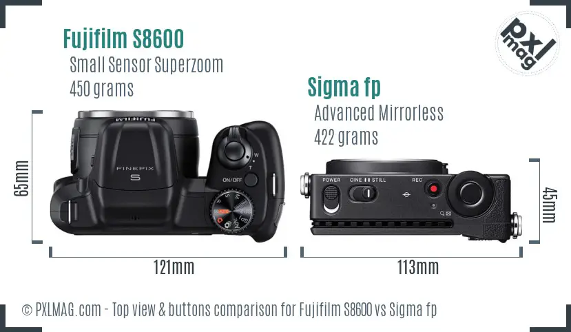 Fujifilm S8600 vs Sigma fp top view buttons comparison