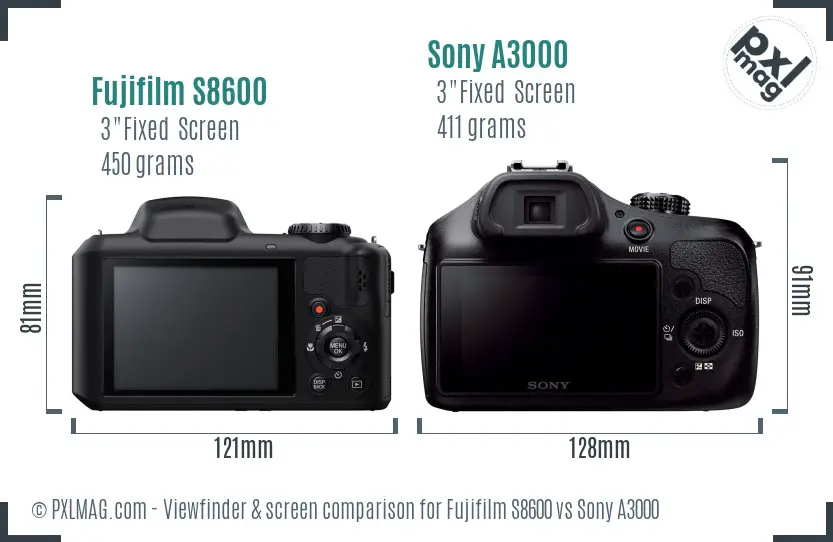 Fujifilm S8600 vs Sony A3000 Screen and Viewfinder comparison