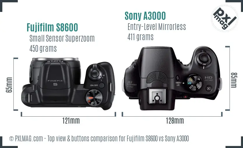 Fujifilm S8600 vs Sony A3000 top view buttons comparison