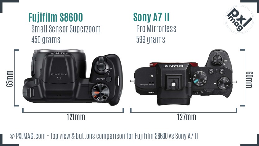 Fujifilm S8600 vs Sony A7 II top view buttons comparison