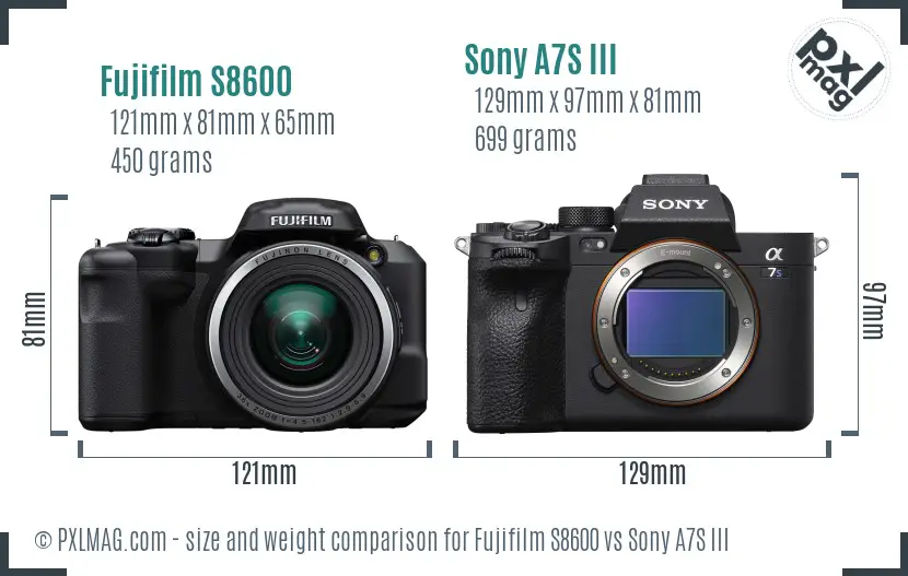 Fujifilm S8600 vs Sony A7S III size comparison
