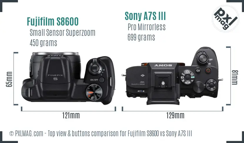 Fujifilm S8600 vs Sony A7S III top view buttons comparison