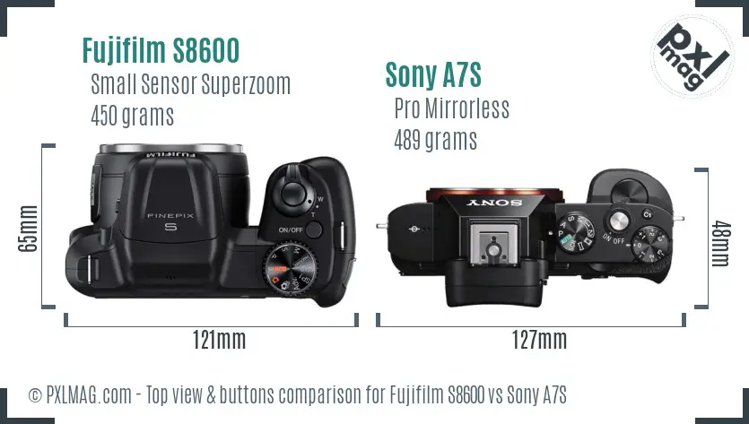 Fujifilm S8600 vs Sony A7S top view buttons comparison