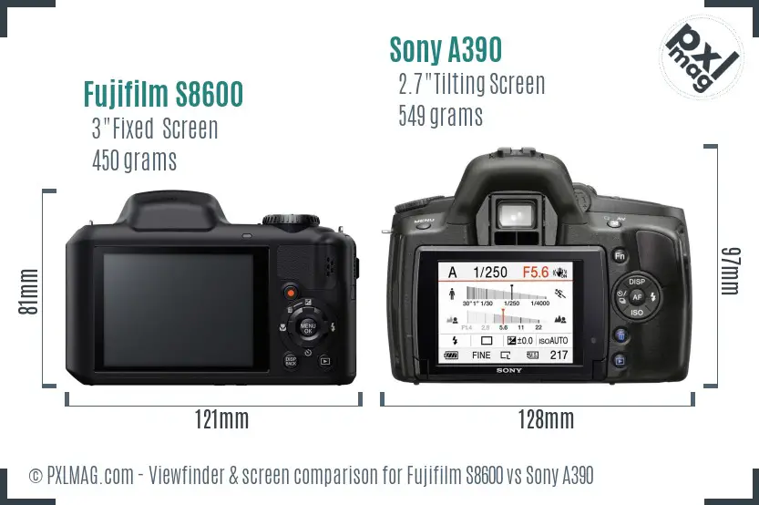 Fujifilm S8600 vs Sony A390 Screen and Viewfinder comparison