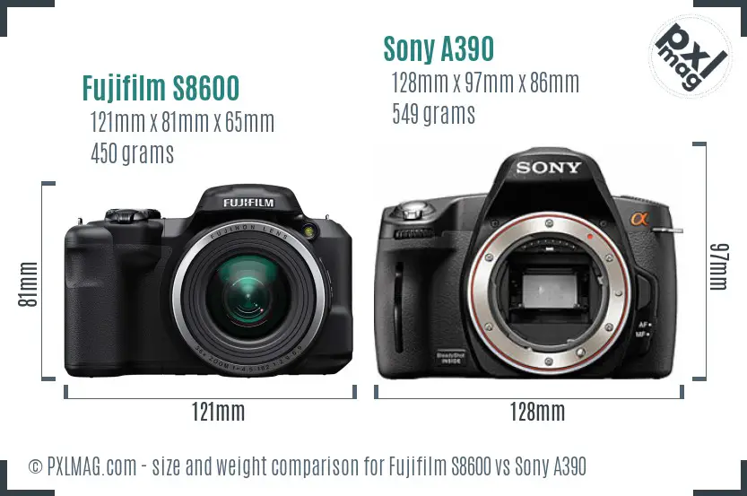 Fujifilm S8600 vs Sony A390 size comparison
