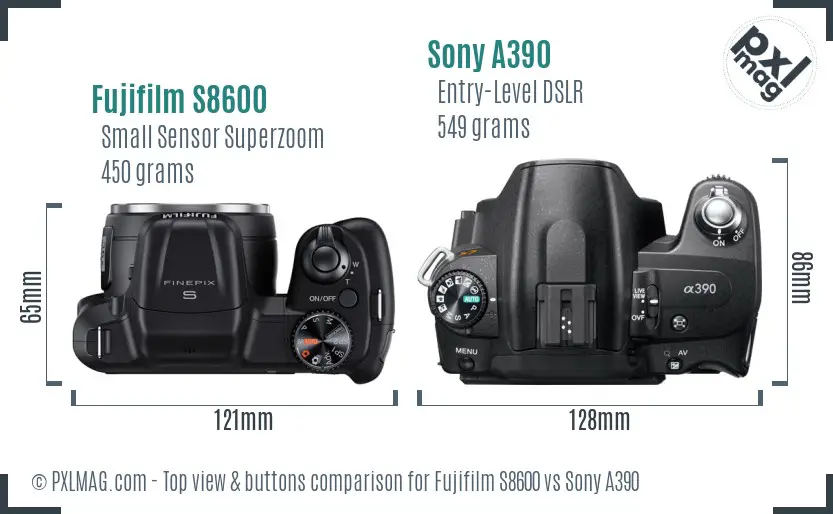 Fujifilm S8600 vs Sony A390 top view buttons comparison