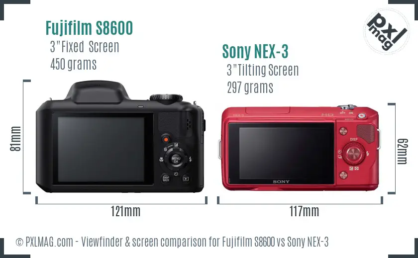 Fujifilm S8600 vs Sony NEX-3 Screen and Viewfinder comparison