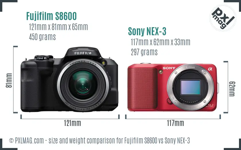 Fujifilm S8600 vs Sony NEX-3 size comparison