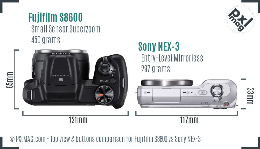 Fujifilm S8600 vs Sony NEX-3 top view buttons comparison