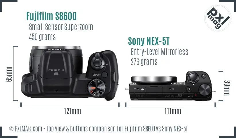 Fujifilm S8600 vs Sony NEX-5T top view buttons comparison