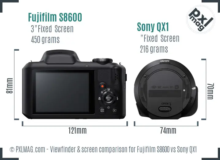 Fujifilm S8600 vs Sony QX1 Screen and Viewfinder comparison
