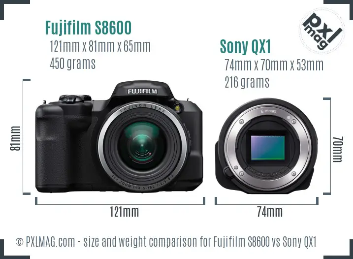 Fujifilm S8600 vs Sony QX1 size comparison