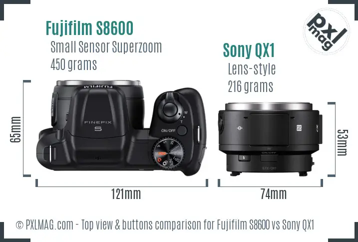 Fujifilm S8600 vs Sony QX1 top view buttons comparison