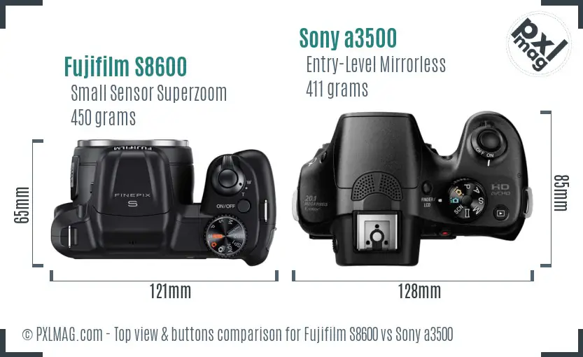 Fujifilm S8600 vs Sony a3500 top view buttons comparison