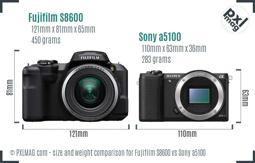 Fujifilm S8600 vs Sony a5100 size comparison
