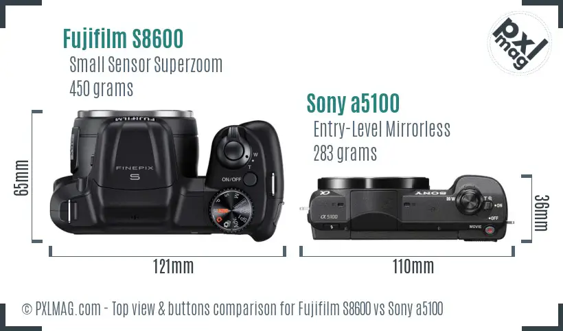 Fujifilm S8600 vs Sony a5100 top view buttons comparison