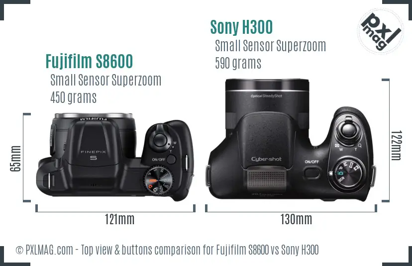 Fujifilm S8600 vs Sony H300 top view buttons comparison Fujifilm S8600 vs Sony H300 top view buttons comparison