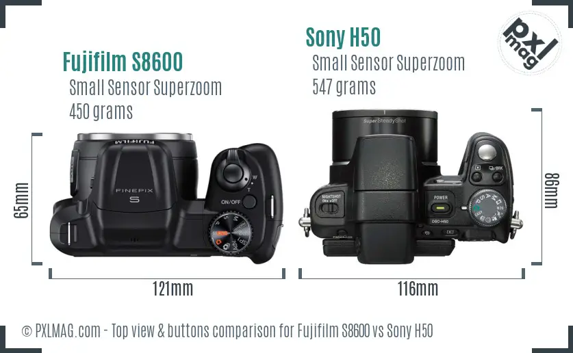 Fujifilm S8600 vs Sony H50 top view buttons comparison Fujifilm S8600 vs Sony H50 top view buttons comparison