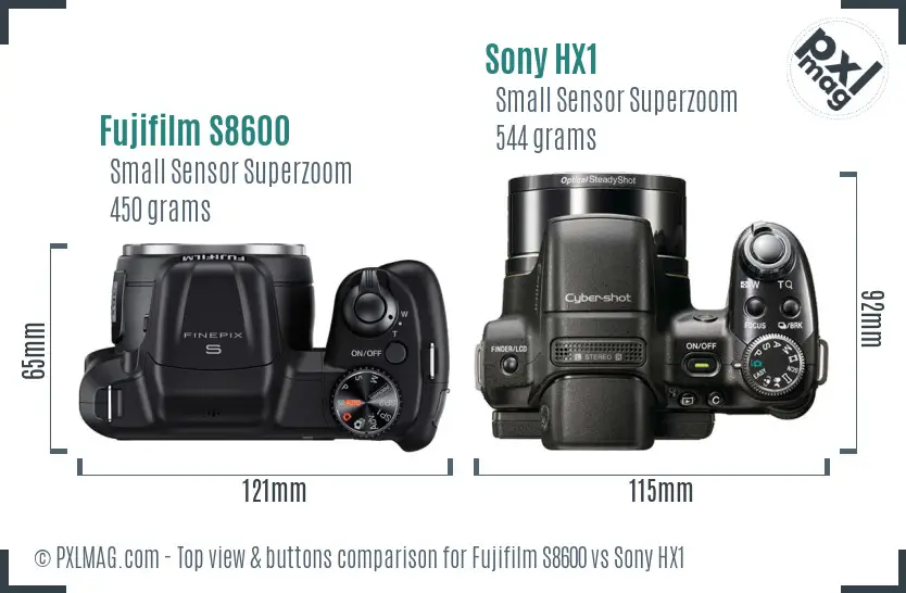 Fujifilm S8600 vs Sony HX1 top view buttons comparison