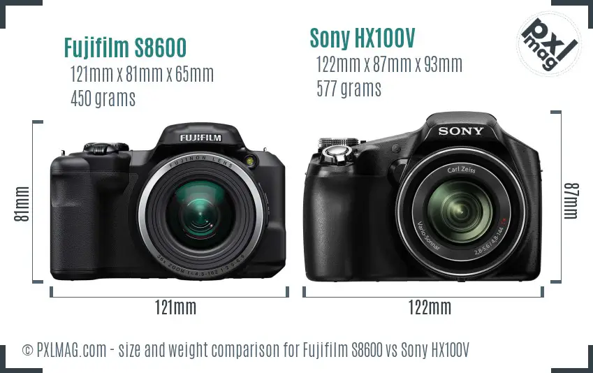 Fujifilm S8600 vs Sony HX100V size comparison