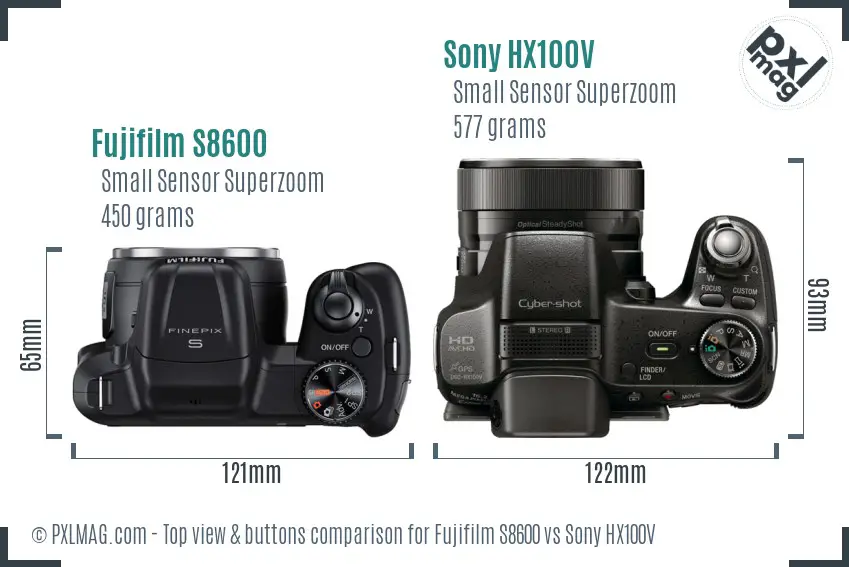 Fujifilm S8600 vs Sony HX100V top view buttons comparison