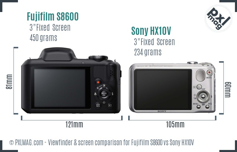 Fujifilm S8600 vs Sony HX10V Screen and Viewfinder comparison