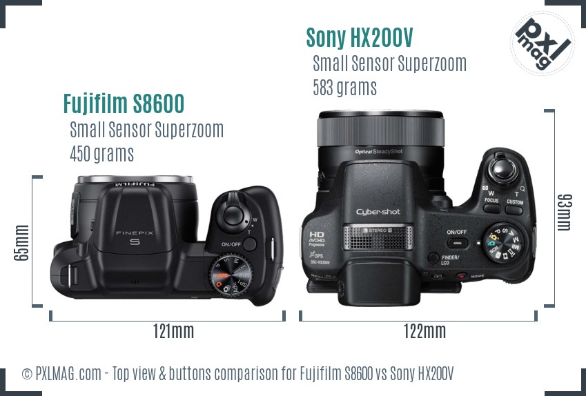 Fujifilm S8600 vs Sony HX200V top view buttons comparison