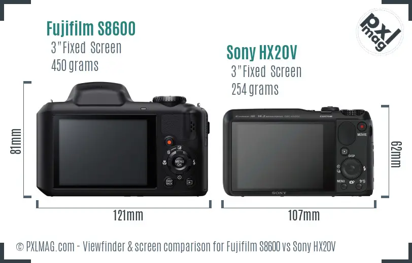 Fujifilm S8600 vs Sony HX20V Screen and Viewfinder comparison