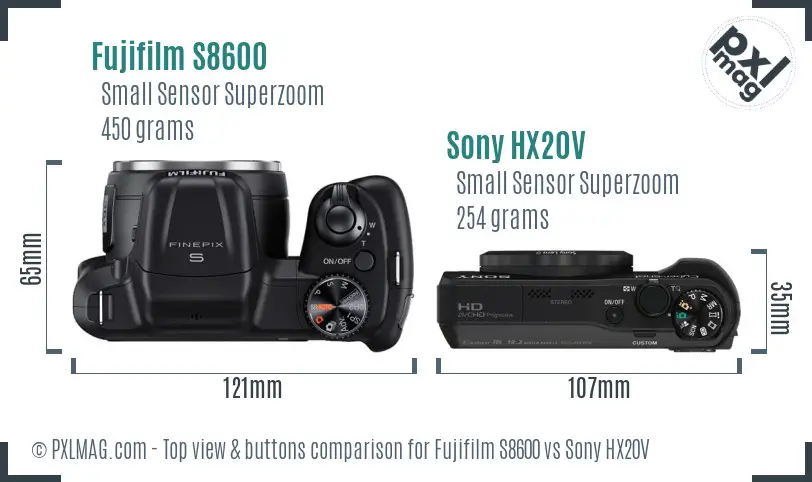 Fujifilm S8600 vs Sony HX20V top view buttons comparison