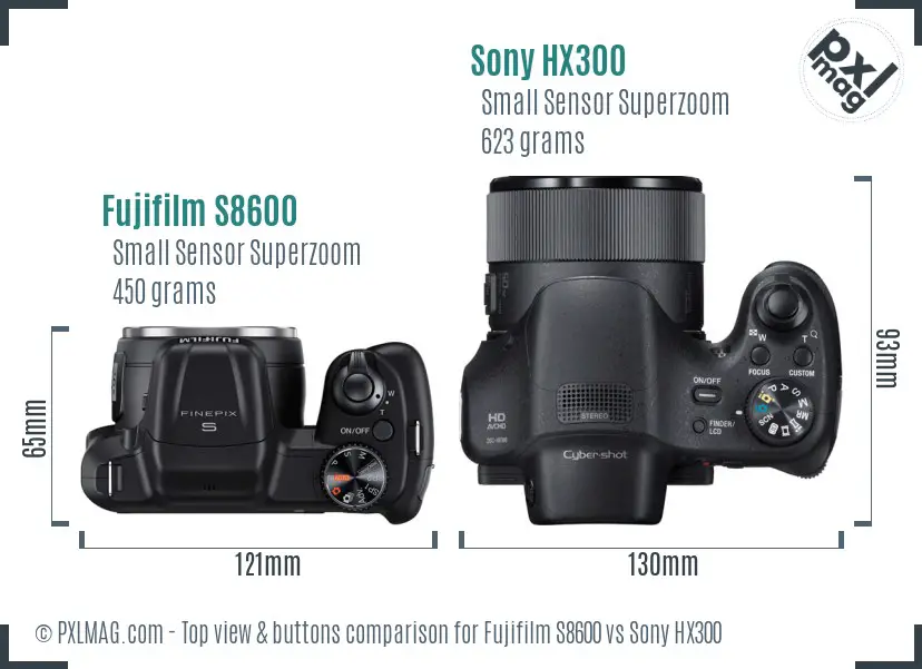 Fujifilm S8600 vs Sony HX300 top view buttons comparison