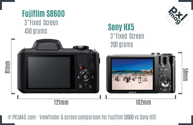 Fujifilm S8600 vs Sony HX5 Screen and Viewfinder comparison